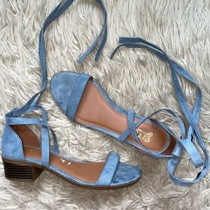 Sky blue lace up block heeled sandals